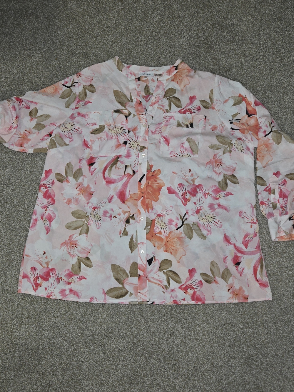 Calvin Klein Floral Print Button-Front Blouse in Pink & Peach - Picture 1 of 10
